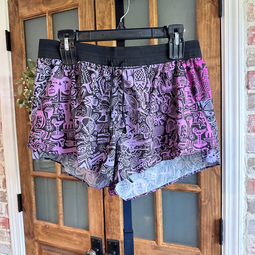 Janji AFO Running Shorts Women L Purple Black Tribal Print Athletic Performance